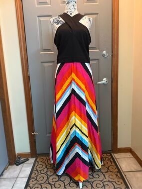 NY & Co- cross top Black Dress with vibrant rainbow stripes (med)